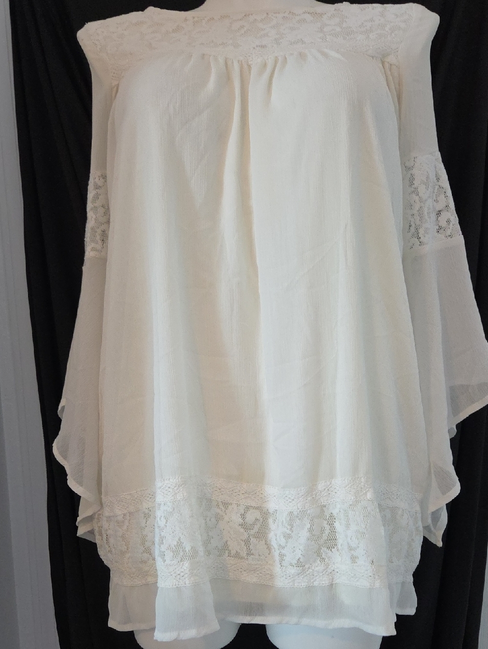 Boho Off-Shoulder Lace Trim Tunic Dress- White